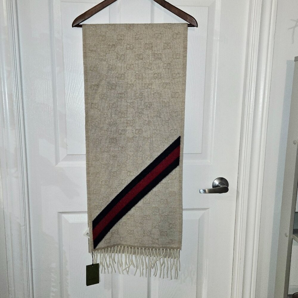 GUCCI Wool/Angora Monogram Web Fringe Scarf